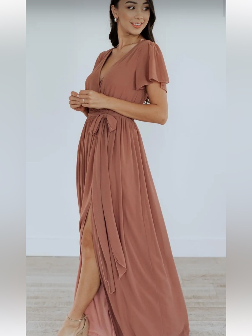 Baltic Born Kristina Maxi Dress Dusty Rose M Slit Wedding Faux Wrap Belted C6 - Picture 5 of 14